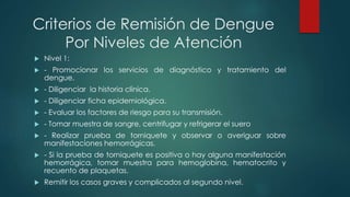 Criterios de Remisión de Dengue
Por Niveles de Atención
 Nivel 1:
 - Promocionar los servicios de diagnóstico y tratamiento del
dengue.
 - Diligenciar la historia clínica.
 - Diligenciar ficha epidemiológica.
 - Evaluar los factores de riesgo para su transmisión.
 - Tomar muestra de sangre, centrifugar y refrigerar el suero
 - Realizar prueba de torniquete y observar o averiguar sobre
manifestaciones hemorrágicas.
 - Si la prueba de torniquete es positiva o hay alguna manifestación
hemorrágica, tomar muestra para hemoglobina, hematocrito y
recuento de plaquetas.
 Remitir los casos graves y complicados al segundo nivel.
 