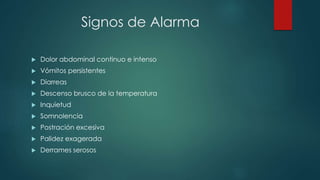 Signos de Alarma
 Dolor abdominal continuo e intenso
 Vómitos persistentes
 Diarreas
 Descenso brusco de la temperatura
 Inquietud
 Somnolencia
 Postración excesiva
 Palidez exagerada
 Derrames serosos
 