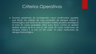 Criterios Operativos
 Durante epidemias: Se considerarán casos confirmados aquellos
que llenen los criterios de caso probable de dengue clásico o
hemorrágico, por tanto no es necesario realizar pruebas serológicas
al total de casos probables. Pero para llevar control se deberá
realizar prueba Ig M a uno (1) de cada 20 casos notificados de
dengue clásico y a uno (1) de cada 10 casos notificados de
dengue hemorrágico.
 