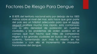 Factores De Riesgo Para Dengue
 El 80% del territorio nacional esta por debajo de los 1800
metros sobre el nivel del mar, esto hace que gran parte
del país sea un hábitat adecuado para que el Aedes
aegypti prolifere mucho mas rápido, esto combinado
con la alta densidad de población en nuestras
ciudades, y los problemas de orden publico en el
campo que han hecho que miles de campesinos
migren a las grandes ciudades en busca de un nuevo
sustento, fomentando aun mas la miseria en las
ciudades y con ello el incremento de mosquitos
transmisores del dengue.
 