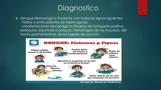 Diagnostico
 Dengue Hemorrágico: Paciente con todos los signos siguientes:
- Fiebre o antecedentes de fiebre aguda.
- Manifestaciones Hemorrágicas (Prueba de torniquete positiva,
petequias, equimosis o púrpura, hemorragias de las mucosas, del
tracto gastrointestinal, de los lugares de punción
 
