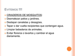 EVITEMOS !!!!
 CRIADEROS DE MOSQUITOS:
 Desmalezar patios y jardines.
 Destapar canaletas y desagües.
 Tapar o dar vuelta recipientes que contengan agua.
 Limpiar bebederos de animales.
 Evitar floreros o lavarlos y cambiar el agua
diariamente.
 