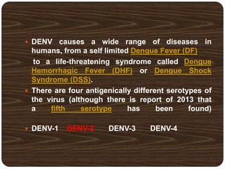  DENV causes a wide range of diseases in
humans, from a self limited Dengue Fever (DF)
to a life-threatening syndrome called Dengue
Hemorrhagic Fever (DHF) or Dengue Shock
Syndrome (DSS).
 There are four antigenically different serotypes of
the virus (although there is report of 2013 that
a fifth serotype has been found)
 DENV-1 DENV-2 DENV-3 DENV-4
 