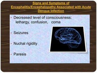 Signs and Symptoms of
Encephalitis/Encephalopathy Associated with Acute
Dengue Infection
• Decreased level of consciousness:
lethargy, confusion, coma
• Seizures
• Nuchal rigidity
• Paresis
 