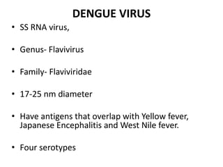 DENGUE VIRUS
• SS RNA virus,
• Genus- Flavivirus
• Family- Flaviviridae
• 17-25 nm diameter
• Have antigens that overlap with Yellow fever,
Japanese Encephalitis and West Nile fever.
• Four serotypes
 