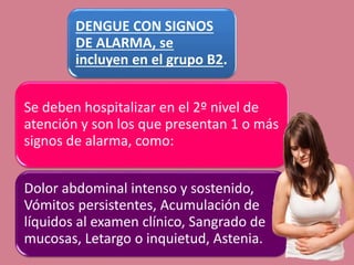 DENGUE CON SIGNOS
DE ALARMA, se
incluyen en el grupo B2.
Se deben hospitalizar en el 2º nivel de
atención y son los que presentan 1 o más
signos de alarma, como:
Dolor abdominal intenso y sostenido,
Vómitos persistentes, Acumulación de
líquidos al examen clínico, Sangrado de
mucosas, Letargo o inquietud, Astenia.
 