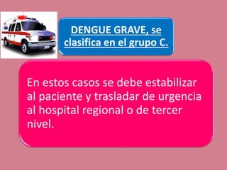 DENGUE GRAVE, se
clasifica en el grupo C.
En estos casos se debe estabilizar
al paciente y trasladar de urgencia
al hospital regional o de tercer
nivel.
 