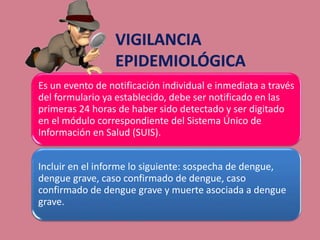 Es un evento de notificación individual e inmediata a través
del formulario ya establecido, debe ser notificado en las
primeras 24 horas de haber sido detectado y ser digitado
en el módulo correspondiente del Sistema Único de
Información en Salud (SUIS).
Incluir en el informe lo siguiente: sospecha de dengue,
dengue grave, caso confirmado de dengue, caso
confirmado de dengue grave y muerte asociada a dengue
grave.
 