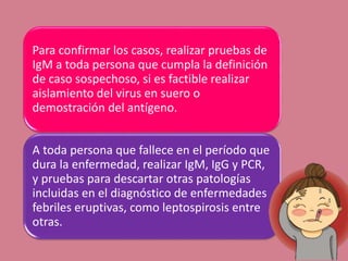 Para confirmar los casos, realizar pruebas de
IgM a toda persona que cumpla la definición
de caso sospechoso, si es factible realizar
aislamiento del virus en suero o
demostración del antígeno.
A toda persona que fallece en el período que
dura la enfermedad, realizar IgM, IgG y PCR,
y pruebas para descartar otras patologías
incluidas en el diagnóstico de enfermedades
febriles eruptivas, como leptospirosis entre
otras.
 