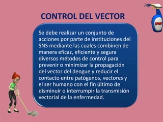 Se debe realizar un conjunto de
acciones por parte de instituciones del
SNS mediante las cuales combinen de
manera eficaz, eficiente y segura
diversos métodos de control para
prevenir o minimizar la propagación
del vector del dengue y reducir el
contacto entre patógenos, vectores y
el ser humano con el fin último de
disminuir o interrumpir la transmisión
vectorial de la enfermedad.
 