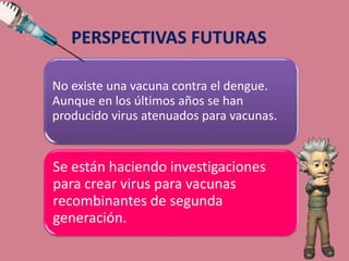 No existe una vacuna contra el dengue.
Aunque en los últimos años se han
producido virus atenuados para vacunas.
Se están haciendo investigaciones
para crear virus para vacunas
recombinantes de segunda
generación.
 