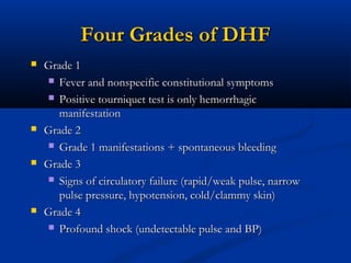 Four Grades of DHFFour Grades of DHF
 Grade 1Grade 1
 Fever and nonspecific constitutional symptomsFever and nonspecific constitutional symptoms
 Positive tourniquet test is only hemorrhagicPositive tourniquet test is only hemorrhagic
manifestationmanifestation
 Grade 2Grade 2
 Grade 1 manifestations + spontaneous bleedingGrade 1 manifestations + spontaneous bleeding
 Grade 3Grade 3
 Signs of circulatory failure (rapid/weak pulse, narrowSigns of circulatory failure (rapid/weak pulse, narrow
pulse pressure, hypotension, cold/clammy skin)pulse pressure, hypotension, cold/clammy skin)
 Grade 4Grade 4
 Profound shock (undetectable pulse and BP)Profound shock (undetectable pulse and BP)
 