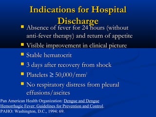 Indications for HospitalIndications for Hospital
DischargeDischarge Absence of fever for 24 hours (withoutAbsence of fever for 24 hours (without
anti-fever therapy) and return of appetiteanti-fever therapy) and return of appetite
 Visible improvement in clinical pictureVisible improvement in clinical picture
 Stable hematocritStable hematocrit
 3 days after recovery from shock3 days after recovery from shock
 PlateletsPlatelets ≥ 50,000/mm50,000/mm33
 No respiratory distress from pleuralNo respiratory distress from pleural
effusions/asciteseffusions/ascites
Pan American Health Organization: Dengue and Dengue
Hemorrhagic Fever: Guidelines for Prevention and Control.
PAHO: Washington, D.C., 1994: 69.
 