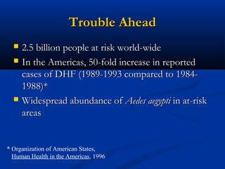 Trouble AheadTrouble Ahead
 2.5 billion people at risk world-wide2.5 billion people at risk world-wide
 In the Americas, 50-fold increase in reportedIn the Americas, 50-fold increase in reported
cases of DHF (1989-1993 compared to 1984-cases of DHF (1989-1993 compared to 1984-
1988)*1988)*
 Widespread abundance ofWidespread abundance of Aedes aegyptiAedes aegypti in at-riskin at-risk
areasareas
* Organization of American States,
Human Health in the Americas, 1996
 