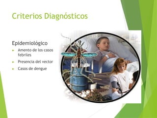 Criterios Diagnósticos
Epidemiológico
▶ Amento de los casos
febriles
▶ Presencia del vector
▶ Casos de dengue
 