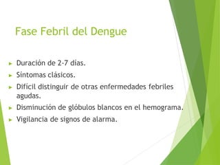 Fase Febril del Dengue
▶ Duración de 2-7 días.
▶ Síntomas clásicos.
▶ Difícil distinguir de otras enfermedades febriles
agudas.
▶ Disminución de glóbulos blancos en el hemograma.
▶ Vigilancia de signos de alarma.
 