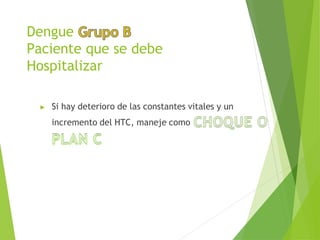 Dengue
Paciente que se debe
Hospitalizar
▶ Si hay deterioro de las constantes vitales y un
incremento del HTC, maneje como
 