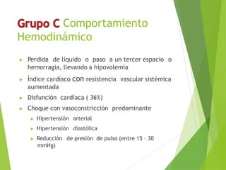 Comportamiento
Hemodinámico
▶ Perdida de líquido o paso a un tercer espacio o
hemorragia, llevando a hipovolemia
▶ Índice cardíaco con resistencia vascular sistémica
aumentada
▶ Disfunción cardíaca ( 36%)
▶ Choque con vasoconstricción predominante
▶ Hipertensión arterial
▶ Hipertensión diastólica
▶ Reducción de presión de pulso (entre 15 – 30
mmHg)
 