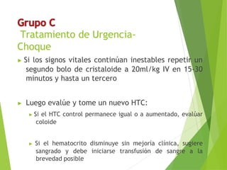 Tratamiento de Urgencia-
Choque
▶ Si los signos vitales continúan inestables repetir un
segundo bolo de cristaloide a 20ml/kg IV en 15-30
minutos y hasta un tercero
▶ Luego evalúe y tome un nuevo HTC:
▶ Si el HTC control permanece igual o a aumentado, evalúar
coloide
▶ Si el hematocrito disminuye sin mejoría clínica, sugiere
sangrado y debe iniciarse transfusión de sangre a la
brevedad posible
 
