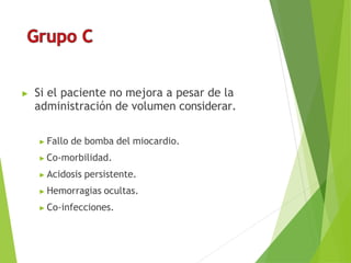 ▶ Si el paciente no mejora a pesar de la
administración de volumen considerar.
▶ Fallo de bomba del miocardio.
▶ Co-morbilidad.
▶ Acidosis persistente.
▶ Hemorragias ocultas.
▶ Co-infecciones.
 