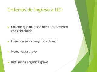 Criterios de Ingreso a UCI
▶ Choque que no responde a tratamiento
con cristaloide
▶ Fuga con sobrecarga de volumen
▶ Hemorragia grave
▶ Disfunción orgánica grave
 