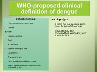 WHO-proposed clinical
definition of dengue
PROBABLE DENGUE
• • Exposure in an endemic area
• • Fever
Two of:
• Nausea/vomiting
• Rash
• Aches/pains
• Positive tourniquet test
• Leucopenia
• Any warning sign
• Laboratory confirmation important
• Needs regular medical observation and
instruction in the
warning signs
• If there are no warning signs,
need for hospitalisation is
• influenced by age,
comorbidities, pregnancy and
social factors
 