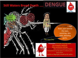 SYMPTOMS: High
fever, pain behind
the eyes,
vomiting, skin
rash, bleeding
gums.
Still Waters Breed Death ……..
Prevention:Eliminate standing water
Use mosquito repellents
Wear protective clothing
Treatment:Rest and Drink plenty of water.
Paracetamol can be taken to reduce joint
pains,fever.
Aspirin or ibuprofen should not be taken.
Female
Aedes
aegypti
No vaccine
 