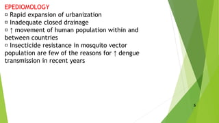 EPEDIOMOLOGY
Rapid expansion of urbanization
Inadequate closed drainage
↑ movement of human population within and
between countries
Insecticide resistance in mosquito vector
population are few of the reasons for ↑ dengue
transmission in recent years
6
 