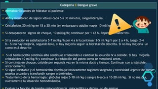 Categoría C Dengue grave
 Hematocrito antes de hidratar al paciente
 ABC y monitoreo de signos vitales cada 5 a 30 minutos, oxigenoterapia.
 Cristaloides 20 ml/kg en 15 a 30 min (en embarazo o adulto mayor 10 ml/kg en 15 a 30 minutos).
 Si desaparecen signos de choque, 10 ml/kg/h; continuar por 1 a2 h. Repetir hematocrito.
 Si la evolución es satisfactoria 5-7 ml/kg/h por 4 a 6 h;continuar 3-5 ml/kg/h por 2 a 4 h, luego 2-4
h–– Si no hay mejoría, segundo bolo, si hay mejoría seguir la hidratación descrita. Si no hay mejoría un
como está descrito
 Si el hematocrito continúa alto continuar cristaloides o cambiar la solución IV a coloide. Si hay mejoría
cristaloides 10 ml/kg/h y continuar la reducción del goteo como se mencionó antes.
 Si continúa en choque, coloide por segunda vez en la misma dosis y tiempo. Continuar con cristaloide,
anteriormente.
 Si sigue inestable y el hematocrito disminuye bruscamente sugieren sangrado y necesidad urgente de tomar
prueba cruzada y transfundir sangre o derivados.
 Tratamiento de la hemorragia: glóbulos rojos 5-10 ml/kg o sangre fresca a 10-20 ml/kg. Si no mejora,
nuevamente la situación hemodinámica.
 
