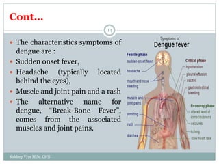 Cont…
Kuldeep Vyas M.Sc. CHN
14
 The characteristics symptoms of
dengue are :
 Sudden onset fever,
 Headache (typically located
behind the eyes),
 Muscle and joint pain and a rash
 The alternative name for
dengue, “Break-Bone Fever”,
comes from the associated
muscles and joint pains.
 