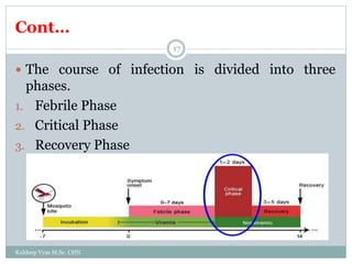 Cont…
Kuldeep Vyas M.Sc. CHN
17
 The course of infection is divided into three
phases.
1. Febrile Phase
2. Critical Phase
3. Recovery Phase
 
