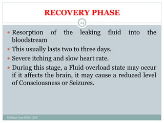 RECOVERY PHASE
Kuldeep Vyas M.Sc. CHN
24
 Resorption of the leaking fluid into the
bloodstream
 This usually lasts two to three days.
 Severe itching and slow heart rate.
 During this stage, a Fluid overload state may occur
if it affects the brain, it may cause a reduced level
of Consciousness or Seizures.
 