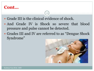 Cont…
Kuldeep Vyas M.Sc. CHN
29
 Grade III is the clinical evidence of shock.
 And Grade IV is Shock so severe that blood
pressure and pulse cannot be detected.
 Grades III and IV are referred to as “Dengue Shock
Syndrome”
 