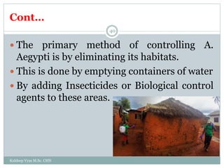 Cont…
Kuldeep Vyas M.Sc. CHN
40
 The primary method of controlling A.
Aegypti is by eliminating its habitats.
 This is done by emptying containers of water
 By adding Insecticides or Biological control
agents to these areas.
 