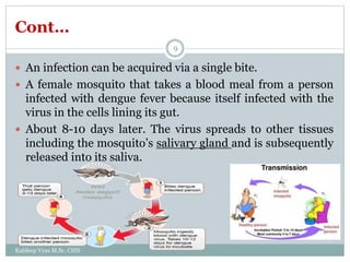 Cont…
 An infection can be acquired via a single bite.
 A female mosquito that takes a blood meal from a person
infected with dengue fever because itself infected with the
virus in the cells lining its gut.
 About 8-10 days later. The virus spreads to other tissues
including the mosquito’s salivary gland and is subsequently
released into its saliva.
Kuldeep Vyas M.Sc. CHN
9
 