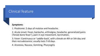 Clinical feature
Symptoms:
1. Prodrome: 2 days of malaise and headache.
2. Acute onset: Fever, backache, arthralgias, headache, generalized pains
(‘break-bone fever’), pain in eye movement, lacrimation,
3. Fever: Continuous or ‘saddle-back’, with a break on 4th or 5th day and
then recrudescence; usually lasts 7–8 days.
4. Anorexia, Nausea, Vomiting, Pharyngitis
 