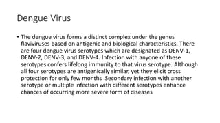 Dengue Virus
• The dengue virus forms a distinct complex under the genus
flaviviruses based on antigenic and biological characteristics. There
are four dengue virus serotypes which are designated as DENV-1,
DENV-2, DENV-3, and DENV-4. Infection with anyone of these
serotypes confers lifelong immunity to that virus serotype. Although
all four serotypes are antigenically similar, yet they elicit cross
protection for only few months .Secondary infection with another
serotype or multiple infection with different serotypes enhance
chances of occurring more severe form of diseases
 