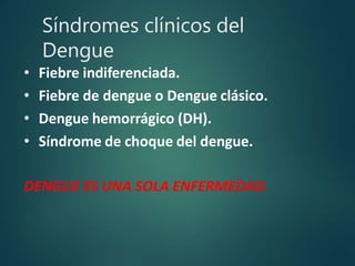 Síndromes clínicos del
Dengue
• Fiebre indiferenciada.
• Fiebre de dengue o Dengue clásico.
• Dengue hemorrágico (DH).
• Síndrome de choque del dengue.
DENGUE ES UNA SOLA ENFERMEDAD.
 