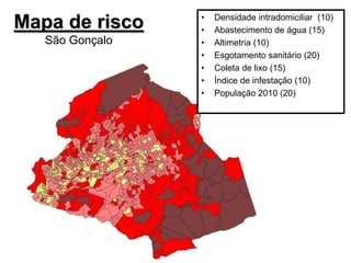 •   Densidade intradomiciliar (10)
Mapa de risco    •   Abastecimento de água (15)
   São Gonçalo   •   Altimetria (10)
                 •   Esgotamento sanitário (20)
                 •   Coleta de lixo (15)
                 •   Índice de infestação (10)
                 •   População 2010 (20)
 