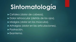 Sintomatología
 Cefalea (dolor de cabeza).
 Dolor retroocular (detrás de los ojos).
 Mialgias (dolor en los músculos).
 Artralgias (dolor en las articulaciones).
 Postración.
 Exantema.
 