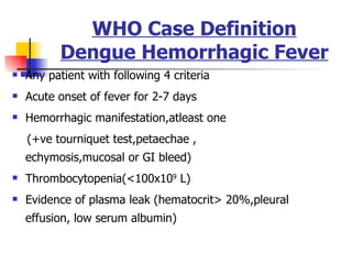WHO Case Definition Dengue Hemorrhagic Fever Any patient with following 4 criteria Acute onset of fever for 2-7 days Hemorrhagic manifestation,atleast one (+ve tourniquet test,petaechae , echymosis,mucosal or GI bleed) Thrombocytopenia(<100x10 9  L) Evidence of plasma leak (hematocrit> 20%,pleural effusion, low serum albumin) 
