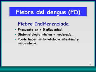 Fiebre Indiferenciada   Frecuente en  <  5 años edad. Sintomatología mínima - moderada. Puede haber sintomatología intestinal y respiratoria. Fiebre del dengue (FD) 