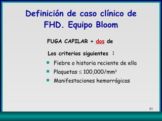 FUGA CAPILAR +  dos  de  Los criterios siguientes   : Fiebre o historia reciente de ella Plaquetas    100,000/mm 3  Manifestaciones hemorrágicas Definición de caso clínico de FHD. Equipo Bloom 