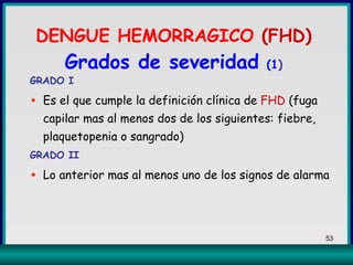 GRADO I Es el que cumple la definición clínica de  FHD  (fuga capilar mas al menos dos de los siguientes: fiebre, plaquetopenia o sangrado) GRADO II Lo anterior mas al menos uno de los signos de alarma DENGUE HEMORRAGICO  (FHD) Grados de severidad   (1 ) 