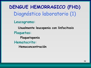 Leucograma:   Usualmente leucopenia con linfocitosis Plaquetas:   Plaquetopenia Hematocrito: Hemoconcentración DENGUE HEMORRAGICO (FHD)   Diagnóstico laboratorio (1) 