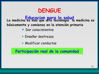 La medicina es más que alta tecnología  la medicina es básicamente y comienza en la atención primaria Dar conocimientos Enseñar destrezas Modificar conductas Participación real de la comunidad DENGUE Educacion para la salud 