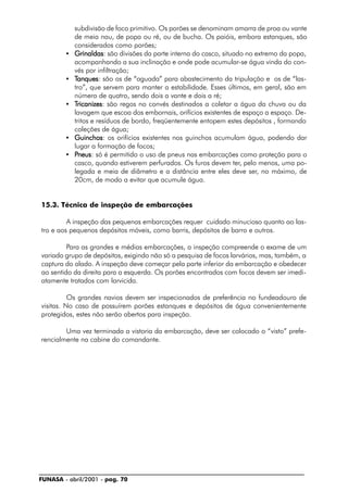 FUNASA - abril/2001 - pag. 70
subdivisão de foco primitivo. Os porões se denominam amarra de proa ou vante
de meia nau, de popa ou ré, ou de bucha. Os paióis, embora estanques, são
considerados como porões;
• GrinaldasGrinaldasGrinaldasGrinaldasGrinaldas: são divisões da parte interna do casco, situado no extremo da popa,
acompanhando a sua inclinação e onde pode acumular-se água vinda do con-
vés por infiltração;
• TTTTTanquesanquesanquesanquesanques: são os de “aguada” para abastecimento da tripulação e os de “las-
tro”, que servem para manter a estabilidade. Esses últimos, em geral, são em
número de quatro, sendo dois a vante e dois a ré;
• TTTTTricanizesricanizesricanizesricanizesricanizes: são regos no convés destinados a coletar a água da chuva ou da
lavagem que escoa dos embornais, orifícios existentes de espaço a espaço. De-
tritos e resíduos de bordo, freqüentemente entopem estes depósitos , formando
coleções de água;
• GuinchosGuinchosGuinchosGuinchosGuinchos: os orifícios existentes nos guinchos acumulam água, podendo dar
lugar a formação de focos;
• PPPPPneusneusneusneusneus: só é permitido o uso de pneus nas embarcações como proteção para o
casco, quando estiverem perfurados. Os furos devem ter, pelo menos, uma po-
legada e meia de diâmetro e a distância entre eles deve ser, no máximo, de
20cm, de modo a evitar que acumule água.
15.3. Técnica de inspeção de embarcações
A inspeção das pequenas embarcações requer cuidado minucioso quanto ao las-
tro e aos pequenos depósitos móveis, como barris, depósitos de barro e outros.
Para as grandes e médias embarcações, a inspeção compreende o exame de um
variado grupo de depósitos, exigindo não só a pesquisa de focos larvários, mas, também, a
captura do alado. A inspeção deve começar pela parte inferior da embarcação e obedecer
ao sentido da direita para a esquerda. Os porões encontrados com focos devem ser imedi-
atamente tratados com larvicida.
Os grandes navios devem ser inspecionados de preferência no fundeadouro de
visitas. No caso de possuírem porões estanques e depósitos de água convenientemente
protegidos, estes não serão abertos para inspeção.
Uma vez terminada a vistoria da embarcação, deve ser colocado o “visto” prefe-
rencialmente na cabine do comandante.
 