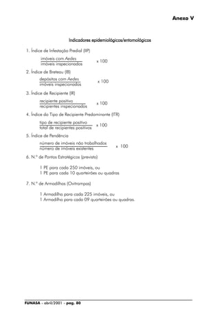 FUNASA - abril/2001 - pag. 80
Anexo V
Indicadores epidemiológicos/entomológicosIndicadores epidemiológicos/entomológicosIndicadores epidemiológicos/entomológicosIndicadores epidemiológicos/entomológicosIndicadores epidemiológicos/entomológicos
1. Índice de Infestação Predial (IIP)
2. Índice de Breteau (IB)
3. Índice de Recipiente (IR)
4. Índice do Tipo de Recipiente Predominante (ITR)
5. Índice de Pendência
6. N.º de Pontos Estratégicos (previsto)
1 PE para cada 250 imóveis, ou
1 PE para cada 10 quarteirões ou quadras
7. N.º de Armadilhas (Ovitrampas)
1 Armadilha para cada 225 imóveis, ou
1 Armadilha para cada 09 quarteirões ou quadras.
x 100
x 100
x 100
imóveis com Aedes
imóveis inspecionados
depósitos com Aedes
imóveis inspecionados
recipiente positivo
recipientes inspecionados
x 100
tipo de recipiente positivo
total de recipientes positivos
x 100
número de imóveis não trabalhados
número de imóveis existentes
 