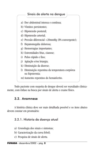FUNASA - dezembro/2002 - pág. 88888
Todo paciente com suspeita de dengue deverá ser reavaliado clinica-
mente, com ênfase na busca por sinais de alerta e exame físico.
3.2. Anamnese3.2. Anamnese3.2. Anamnese3.2. Anamnese3.2. Anamnese
A história clínica deve ser mais detalhada possível e os itens abaixo
devem constar em prontuário:
3.2.1. História da doença atual
a) Cronologia dos sinais e sintomas;
b) Caracterização da curva febril;
c) Pesquisa de sinais de alerta.
a) Dor abdominal intensa e contínua;
b) Vômitos persistentes;
c) Hipotensão postural;
d) Hipotensão arterial;
e) Pressão diferencial <20mmHg (PA convergente);
f) Hepatomegalia dolorosa;
g) Hemorragias importantes;
h) Extremidades frias, cianose;
i) Pulso rápido e fino;
j) Agitação e/ou letargia;
k) Diminuição da diurese;
l) Diminuição repentina da temperatura corpórea
ou hipotermia;
m)Aumento repentino do hematócrito.
Sinais de alerta na dengue
 