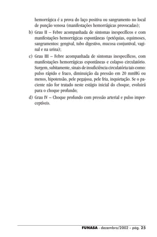 FUNASA - dezembro/2002 - pág. 2525252525
hemorrágica é a prova do laço positiva ou sangramento no local
de punção venosa (manifestações hemorrágicas provocadas);
b) Grau II – Febre acompanhada de sintomas inespecíficos e com
manifestações hemorrágicas espontâneas (petéquias, equimoses,
sangramentos: gengival, tubo digestivo, mucosa conjuntival, vagi-
nal e na urina);
c) Grau III – Febre acompanhada de sintomas inespecíficos, com
manifestações hemorrágicas espontâneas e colapso circulatório.
Surgem, subitamente, sinais de insuficiência circulatória tais como:
pulso rápido e fraco, diminuição da pressão em 20 mmHG ou
menos, hipotensão, pele pegajosa, pele fria, inquietação. Se o pa-
ciente não for tratado neste estágio inicial do choque, evoluirá
para o choque profundo;
d) Grau IV – Choque profundo com pressão arterial e pulso imper-
ceptíveis.
 